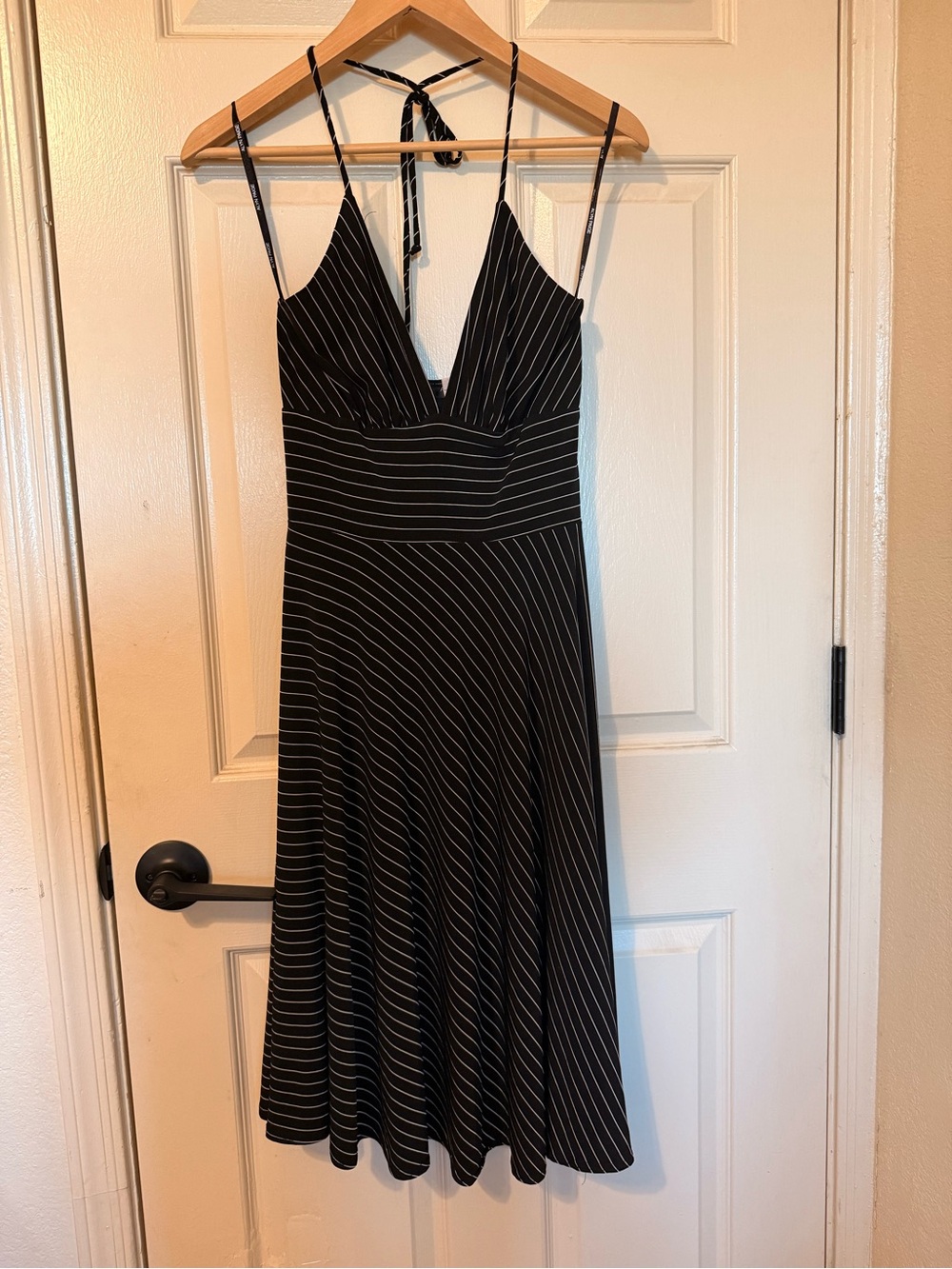 Alyn Paige Black Striped V-Neck Midi Dress